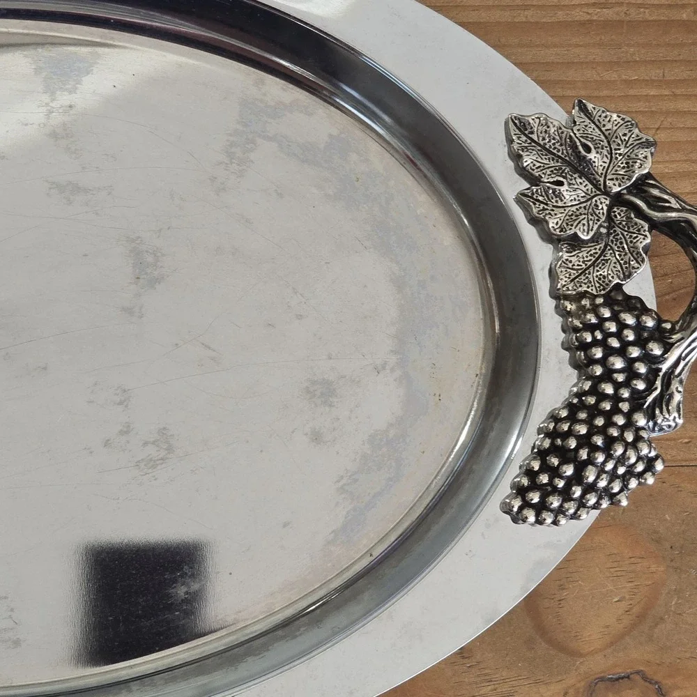 Vintage Towle Silversmiths Stainless Steel Serving Tray Oval Grape Vine Handles